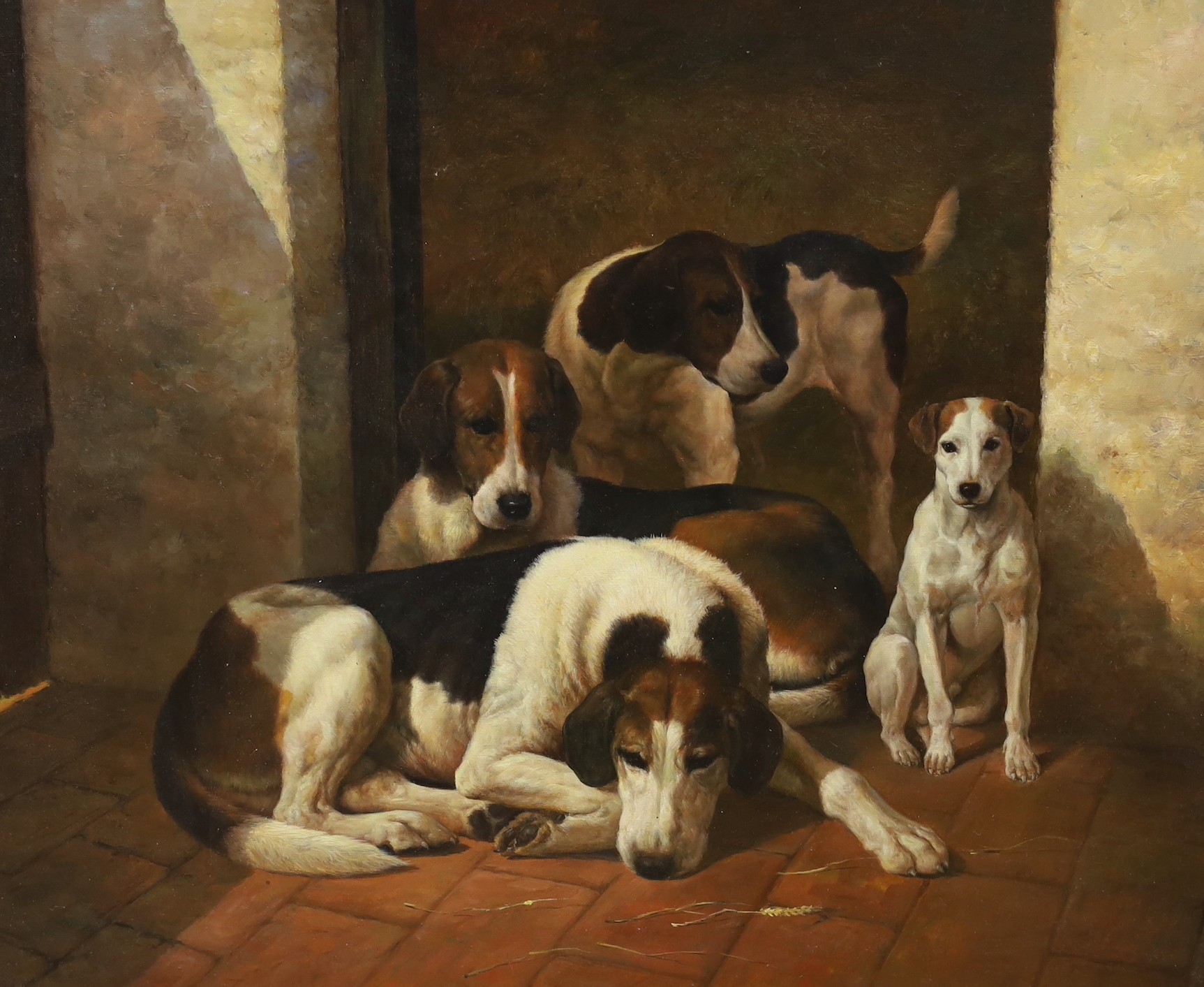 Follower of John Emms (1843-1912), oil on canvas, Kennel interior with hounds and terrier, 50 x 60cm